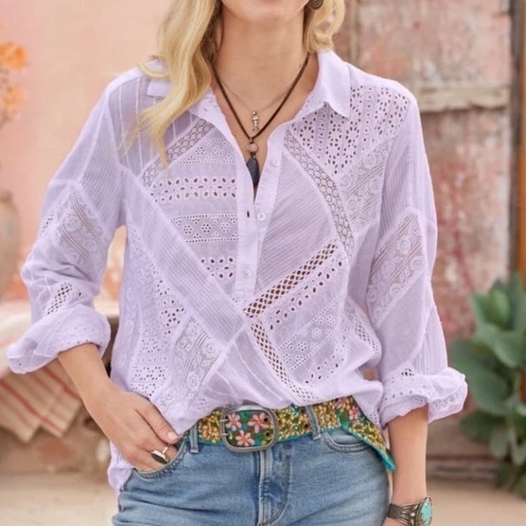 Sundance Tops - Sundance Top Sz L Pink Lavender Eyelet Lace Mixed Media Boho Cottage Mesh READ